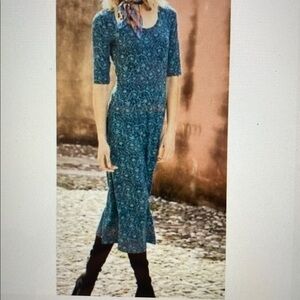 Peruvian Connection Byzantine Blue Ivy Floral Dress Cotton Spandex Size Medium